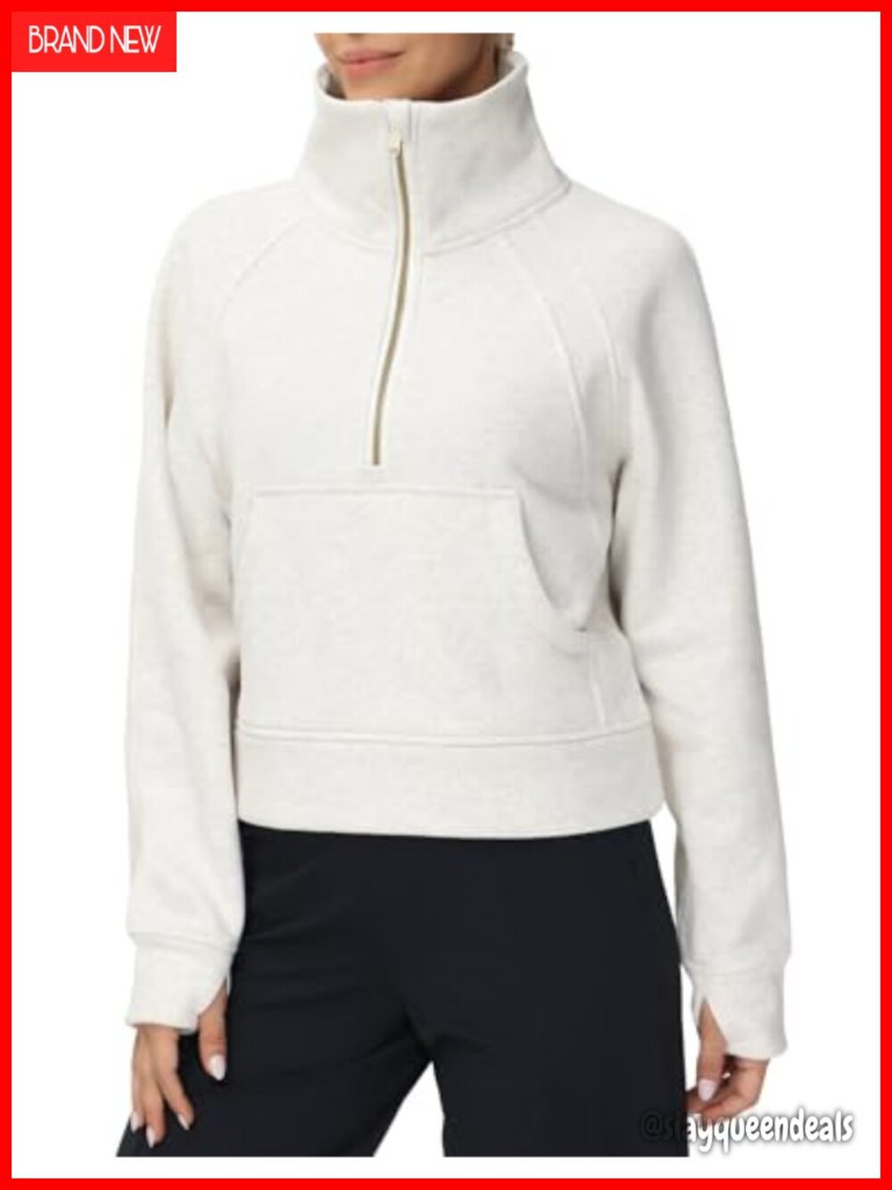 Half Zip Fleece Lined Stand Collar Crop Sweatshirt with Thumb Holes
